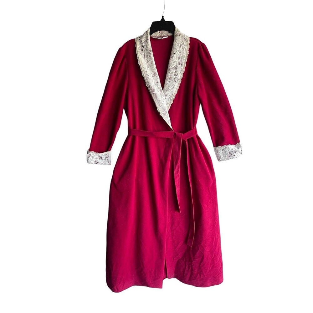 Vintage Vanity Fair Red Velour Robe S Cream Crochet Collared Waist Tie Pockets